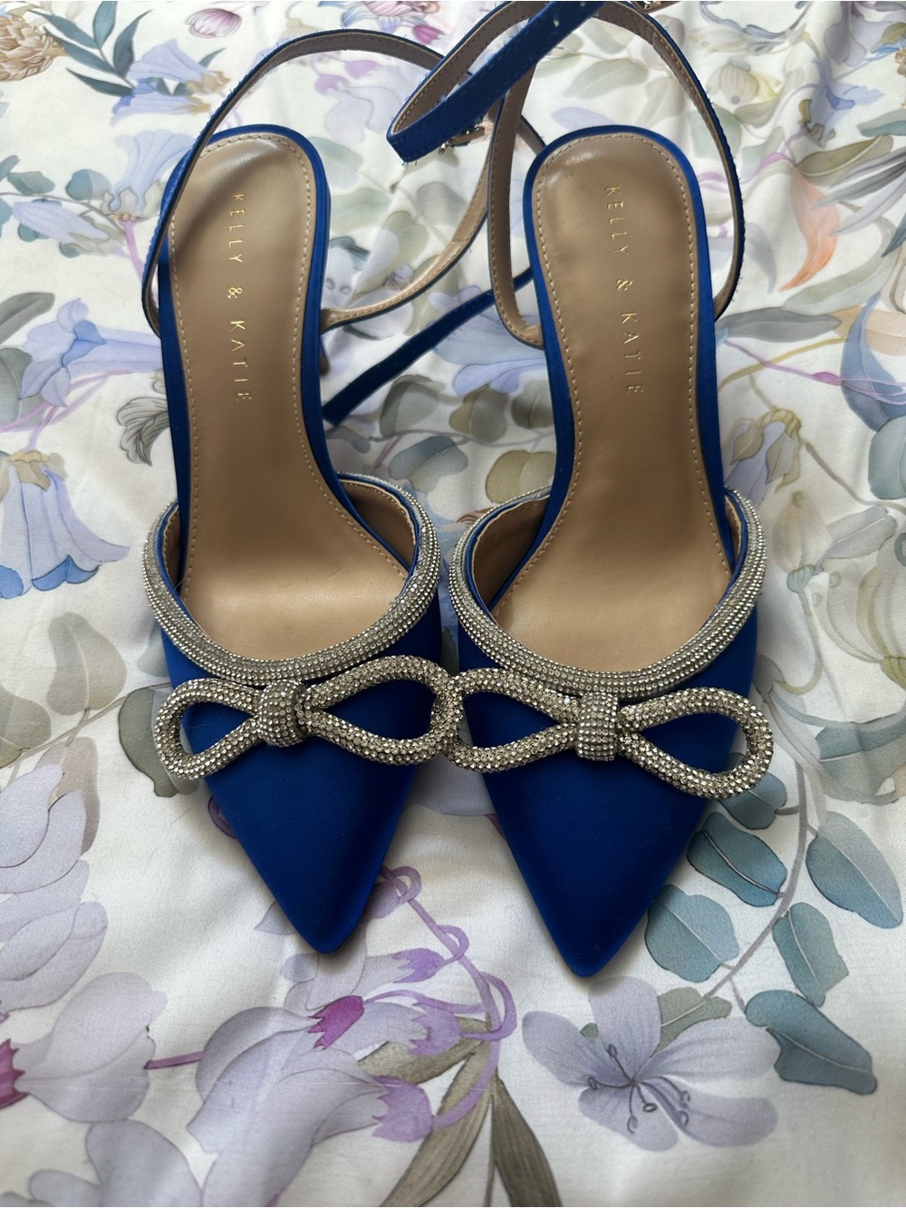 KELLY & KATIE Royal Blue Satin Pointed Slingback Heels with Crystal Bow